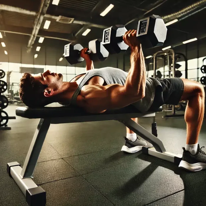 DALL·E 2024-10-19 14.33.11 - A person performing a dumbbell bench press on a flat bench. The image shows the lifter lying on the bench, holding dumbbells in each hand with a contr