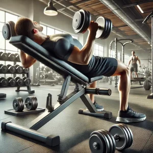 DALL·E 2024-10-19 14.45.37 - A detailed fitness scene featuring a person performing the decline bench press with dumbbells in a modern gym. The person is positioned on a decline b