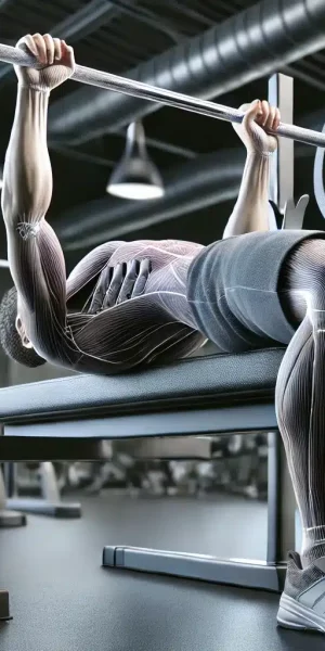 DALL·E 2024-10-19 14.59.39 - A detailed image of a person performing a flat bench press in a gym setting, focusing on the correct form. The person is lying on a bench, lifting a b