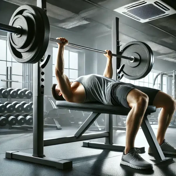 DALL·E 2024-10-19 15.02.54 - A person performing an incline barbell bench press in a modern gym setting, showing correct form with feet flat on the ground, back arched slightly, a